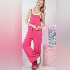 Pink Wide-Leg Texture Washed Overalls/Jumpsuit